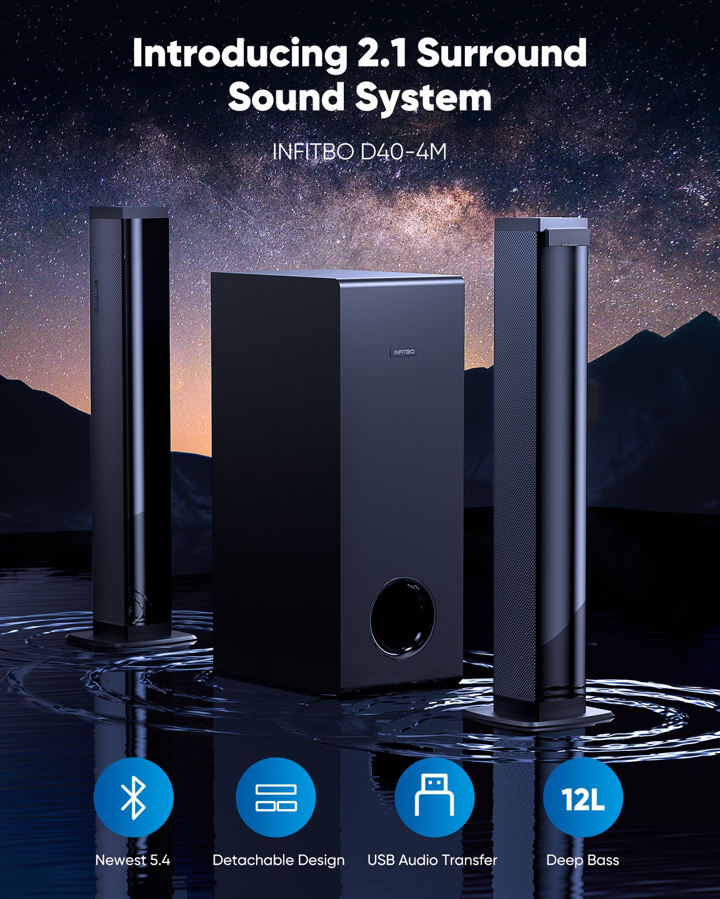 Sound Bar for TV Computer 2.1 Detachable Speakers with Subwoofer 190W for PC Desktop Wireless BT 5.4